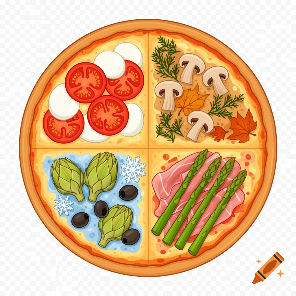 Stylized illustration of a four-seasons pizza, featuring quarters with tomatoes & mozzarella, mushrooms & autumn leaves, artichokes & olives with snowflakes, and prosciutto & asparagus.