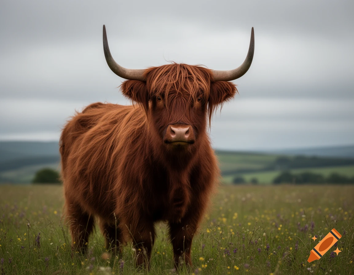 A shaggy brown Highland cow with long horns stands in a grassy field under a cloudy sky.