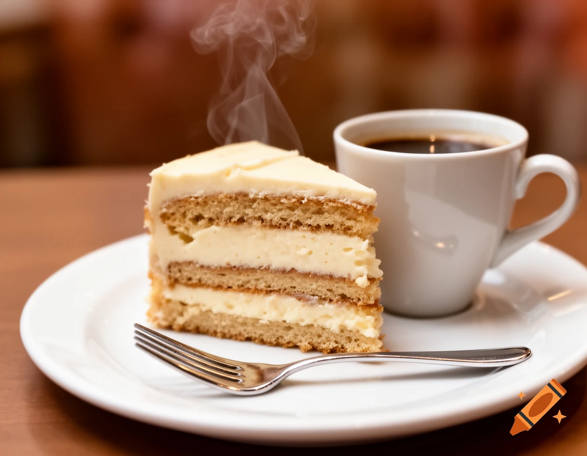 A photorealistic image of a slice of layered cake with white frosting and a fork on a white plate, next to a steaming cup of black coffee on a wooden table.