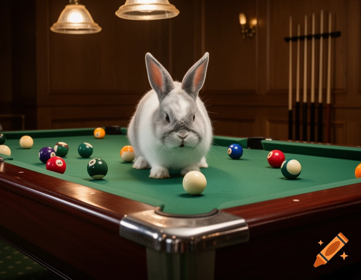 A fluffy grey and white bunny with a slightly angry expression stands on a green billiards table surrounded by colorful pool balls.