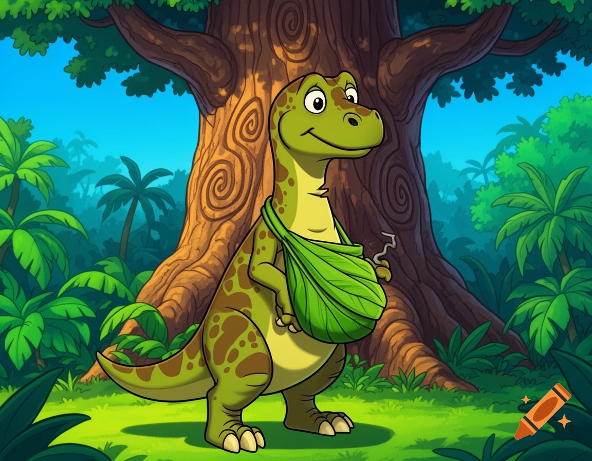 A friendly, green cartoon dinosaur with brown spots stands in a jungle wearing a leaf arm sling, looking slightly embarrassed.