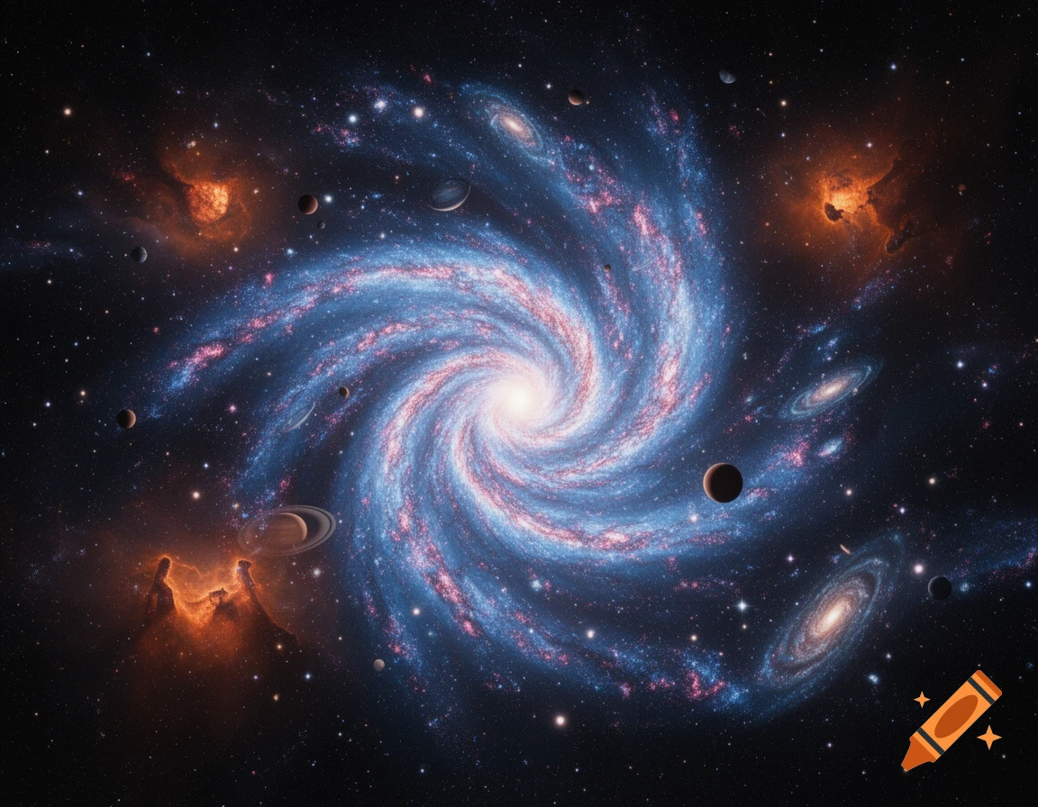 A vibrant spiral galaxy with blue and pink arms, surrounded by planets, stars, and orange nebulae in a dark cosmic background.