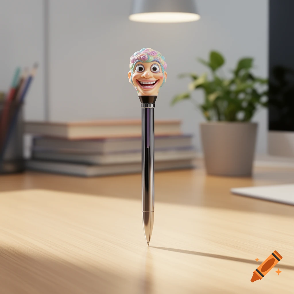 A pen with a funny, colorful face for a topper stands upright on a wooden desk in a blurred office setting.