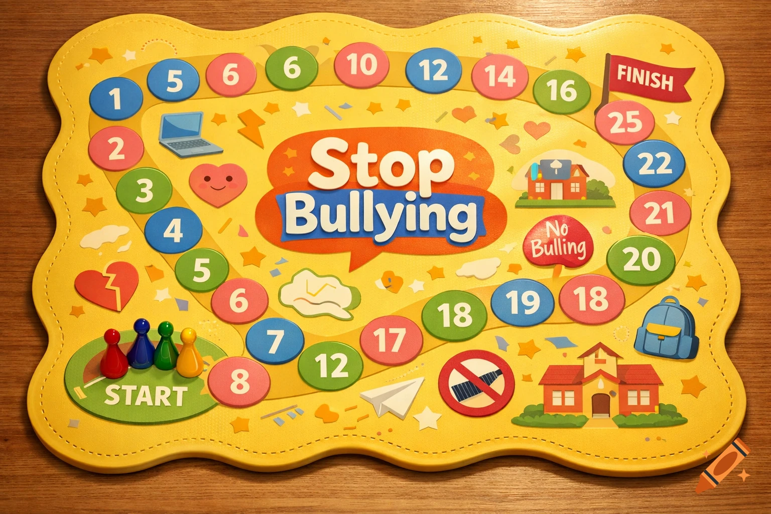 A yellow board game with wavy edges, featuring "Stop Bullying" in a central speech bubble, numbered spaces from 1 to 25, game pieces, and various symbols promoting anti-bullying messages.