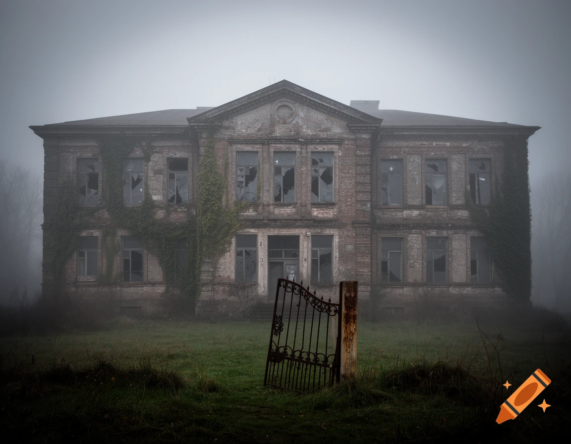 A decaying, ivy-covered brick mansion with broken windows and a rusty wrought iron gate, shrouded in thick fog.