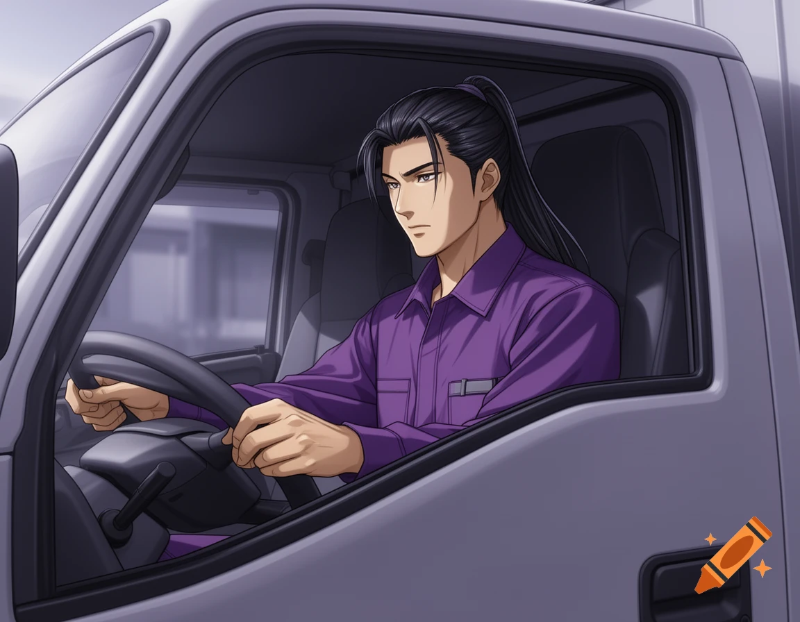 Anime illustration of a calm Asian male delivery driver with long dark hair, wearing a purple uniform, sitting in a truck with hands on the steering wheel.