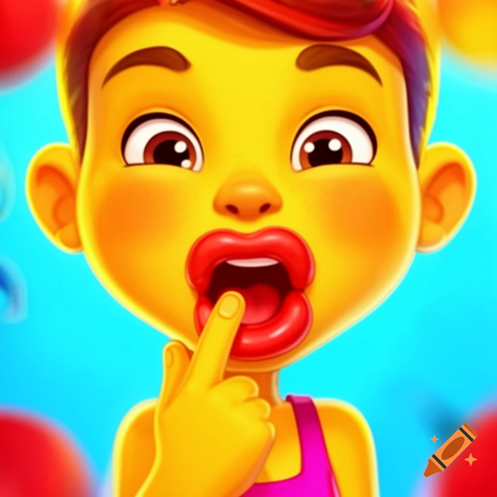 Cartoon character with yellow skin, bright red exaggerated lips, index finger touching the mouth, playful expression.