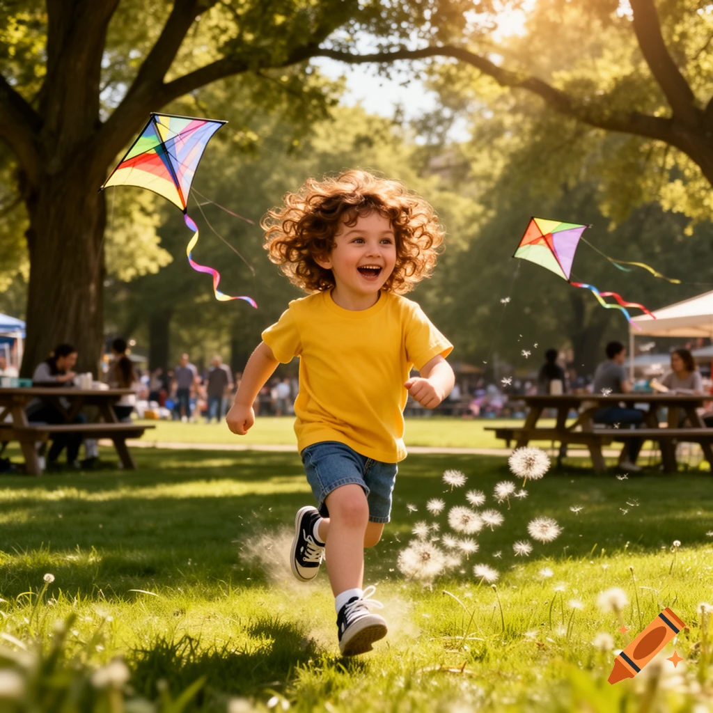 A happy child with curly red hair runs through a sunny park, with colorful kites flying in the sky.