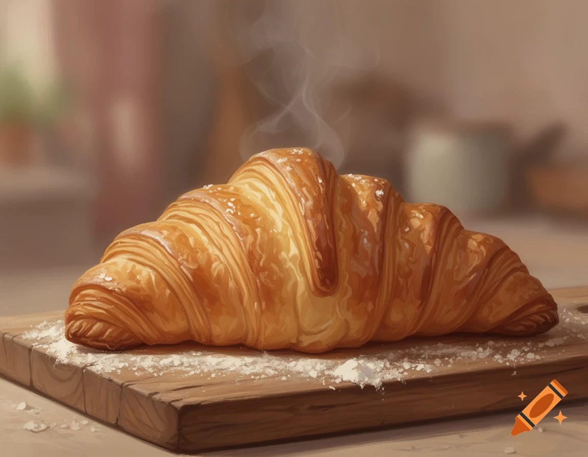 A freshly baked, painterly croissant on a wooden cutting board with powdered sugar and steam.