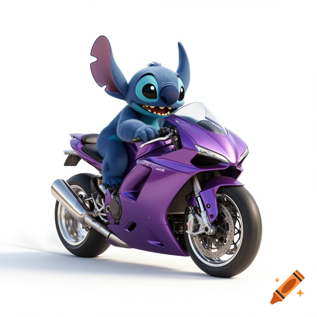 A 3D rendered cartoon character Stitch with large ears riding a shiny purple sports motorcycle on a white background.