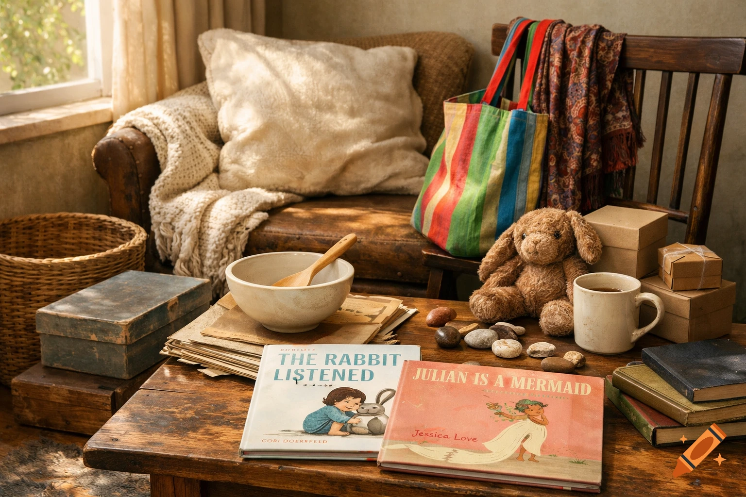 A cozy still life scene with children's books, a stuffed animal, and household items on a wooden table next to an armchair.