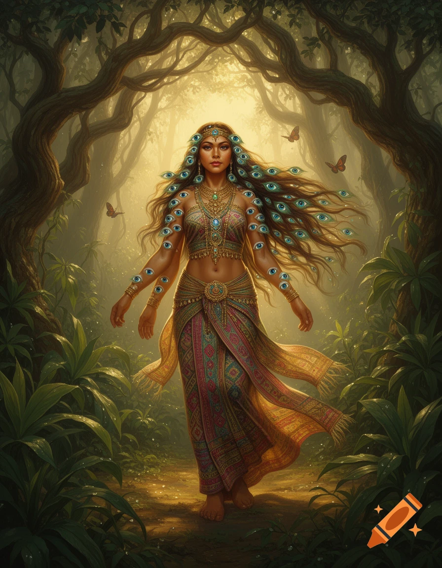 A multi-eyed goddess with flowing hair walks on a sunlit forest path in fantasy art style.