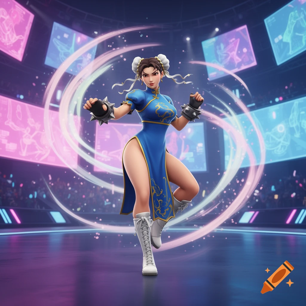 Chun-Li in her blue outfit, in a dynamic pose in a neon-lit fighting arena, rendered in a stylized 3D art style.