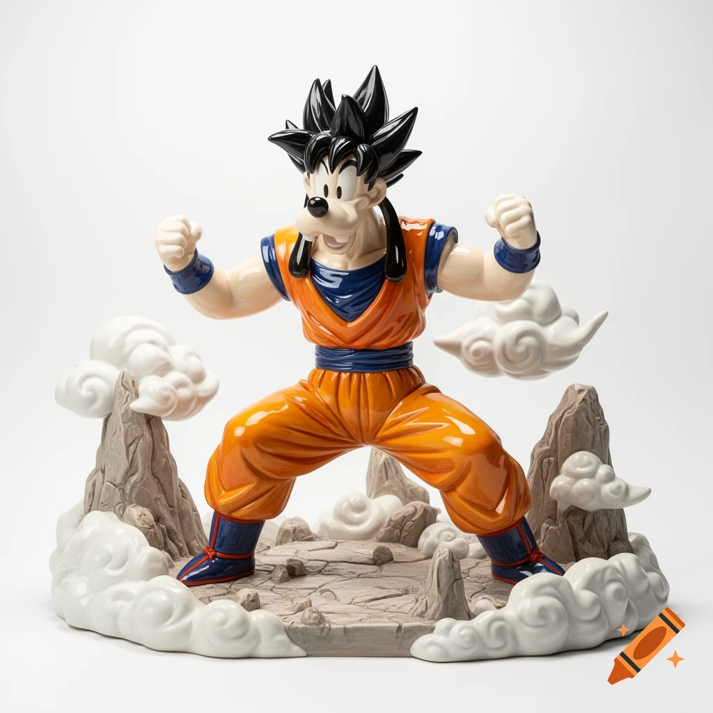 Polished ceramic sculpture depicting Goofy as Super Saiyan Goku in a fighting stance on a Dragon Ball Z-themed base with white clouds.