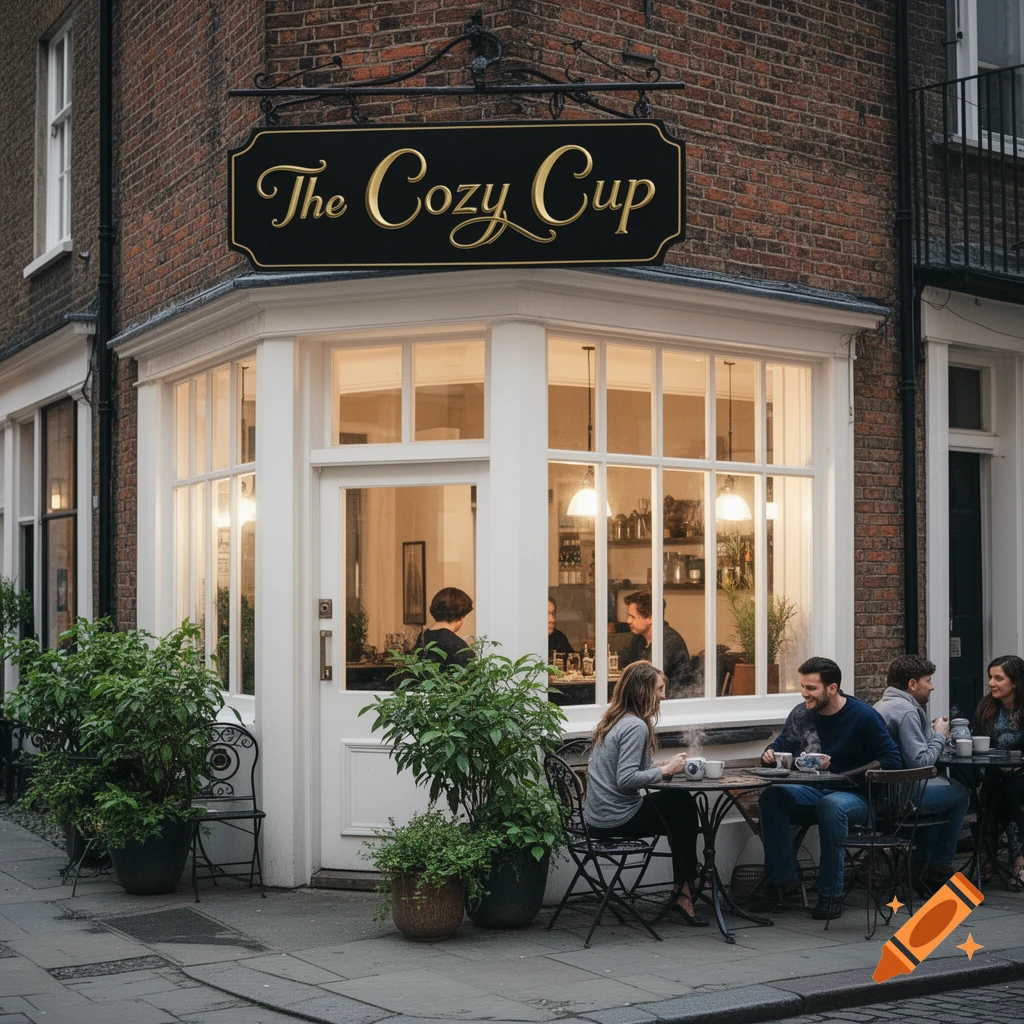 A photorealistic image of 'The Cozy Cup' coffee shop with outdoor seating on a brick building corner, with people relaxing.
