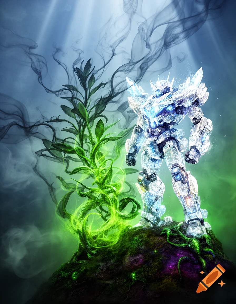 A gleaming crystal mech stands beside a vibrant, glowing green plant on a rocky mound, surrounded by ethereal smoke and light rays.
