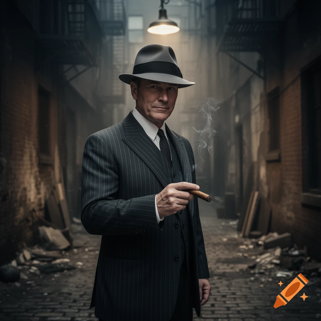 Photorealistic image of a man in a pinstripe suit and fedora, smoking a cigar in a dark alley under a single lightbulb.