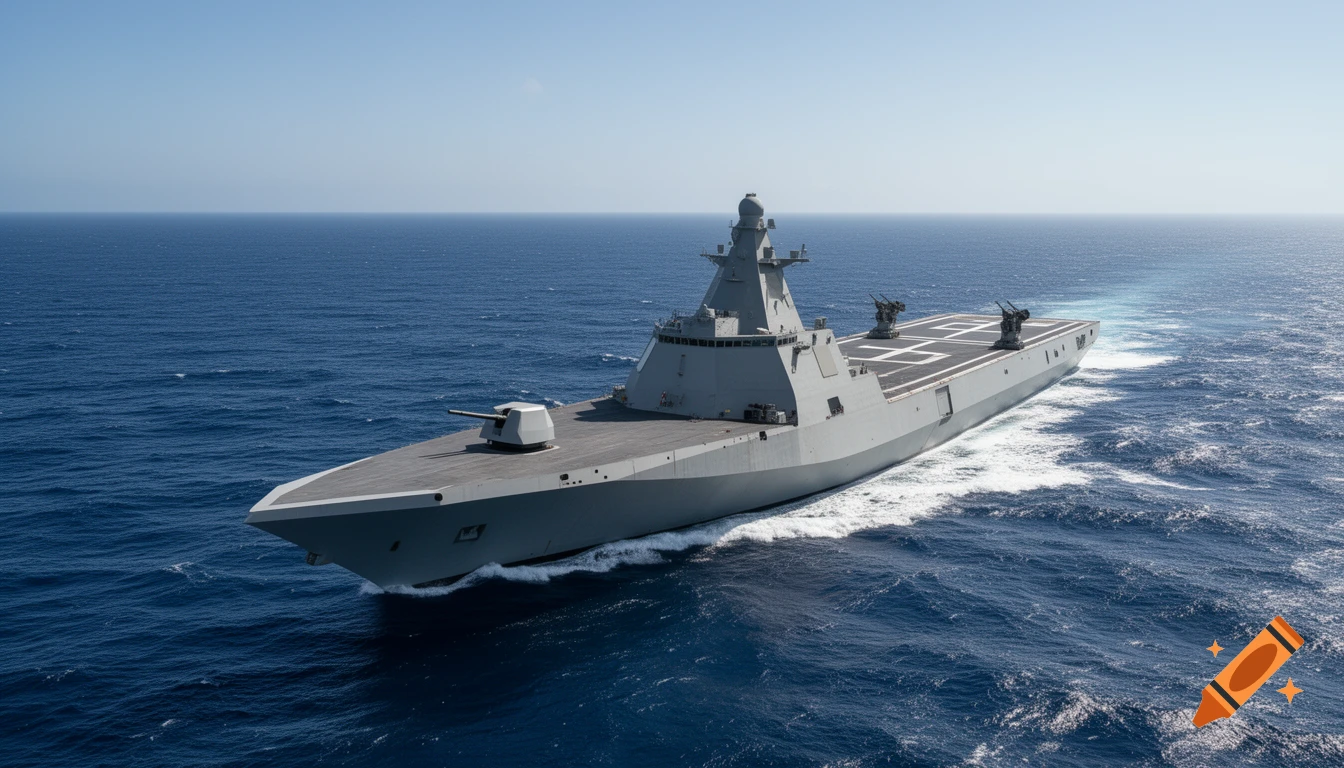 A modern gray navy ship sails on a blue ocean under a clear sky, featuring a front gun and aft landing pad, leaving a white wake.