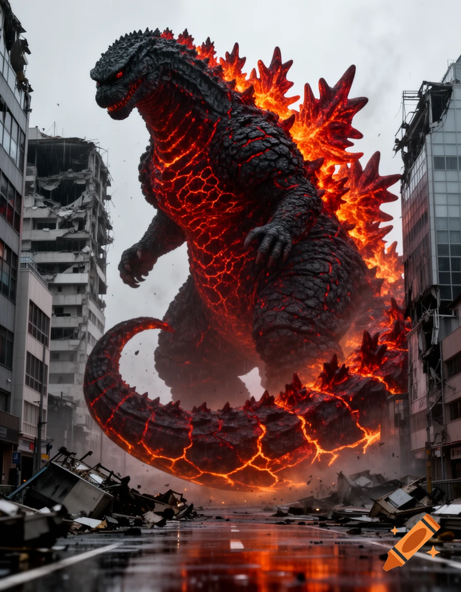 A colossal, glowing red and black Godzilla monster towering over a devastated city street, surrounded by rubble and collapsing buildings under a cloudy sky.