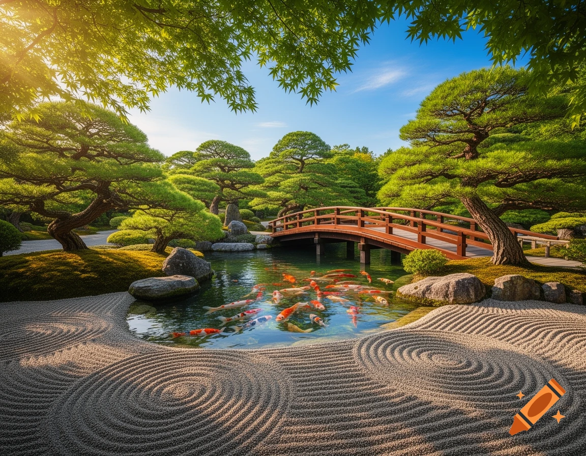 Photorealistic Japanese garden with lush bonsai trees, a pond with colorful koi fish, a wooden bridge, and raked gravel patterns.