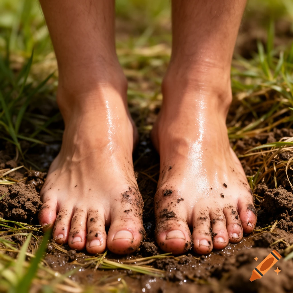 A close-up, photorealistic shot of two bare, muddy feet standing on wet soil and green grass.