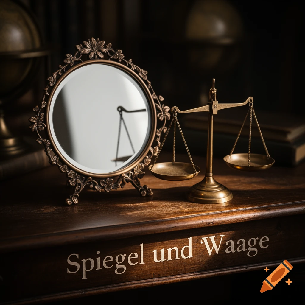 Ornate mirror reflecting a balance scale, beside the scale on a wooden table with 'Spiegel und Waage' text.
