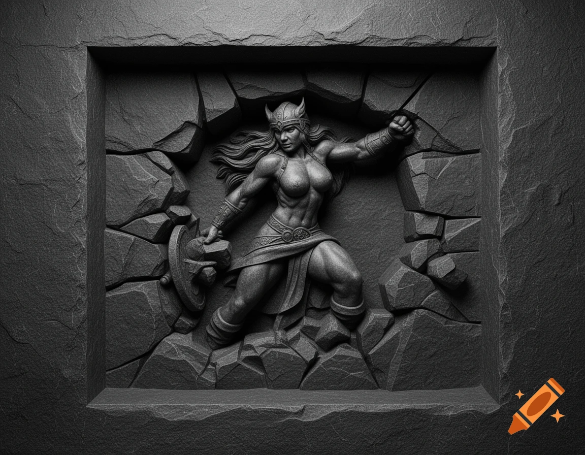 Detailed grayscale stone relief sculpture of a muscular Viking woman with a horned helmet, breaking through a wall.