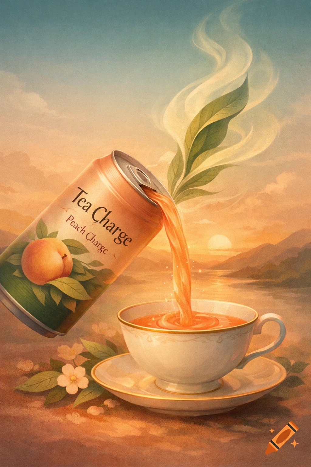 An illustration of a can of 'Tea Charge Peach Charge' pouring glowing liquid into a teacup against a dreamy sunset landscape.