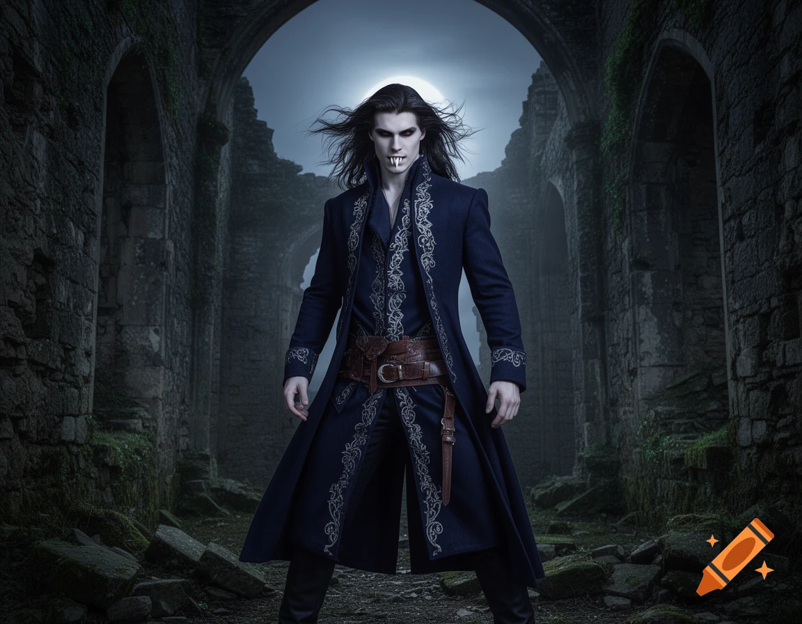 Photorealistic male vampire with fangs and red eyes, in an ornate dark coat, stands under a full moon within gothic ruins.