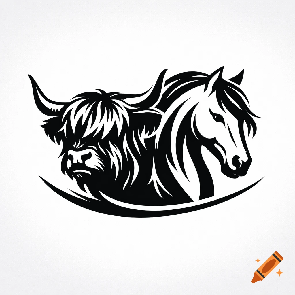Black and white stylized logo of a Highland cow head and a horse head side-by-side.