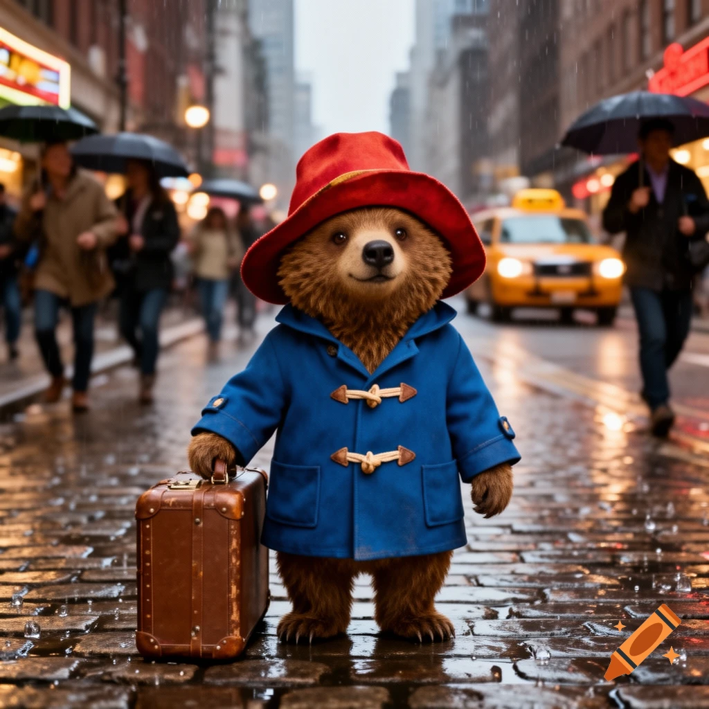 Paddington Bear in a blue duffle coat and red hat, holding a suitcase on a wet, rainy city street with blurred people and yellow taxis in the background.