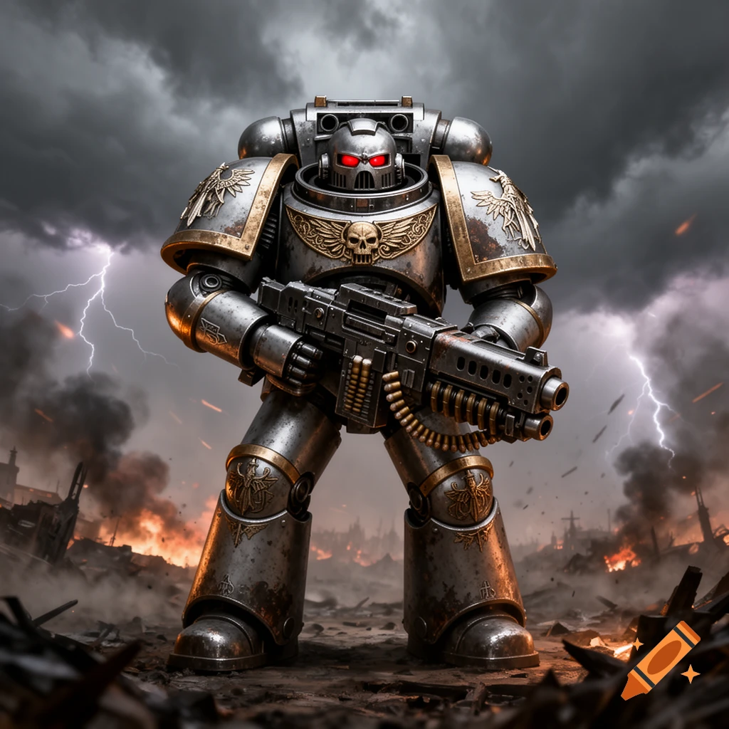 A detailed Warhammer 30k Cataphractii Terminator in battle armor with a heavy weapon stands in a war-torn landscape under a stormy sky with lightning.