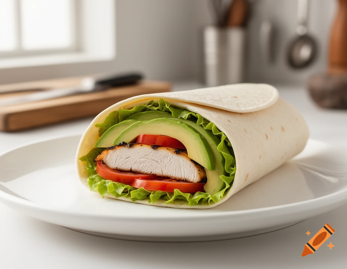 A grilled chicken wrap with lettuce, tomato, and avocado, served on a white plate in a bright kitchen.