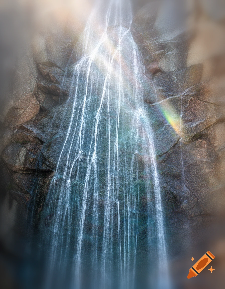 A powerful waterfall cascades down a rocky cliff, illuminated by bright light with a small rainbow.