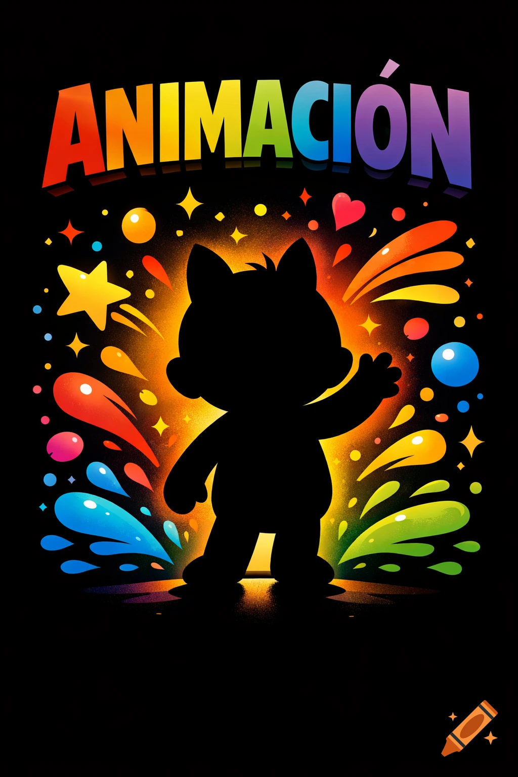 A whimsical black silhouette character with an uplifted hand, surrounded by vibrant rainbow splashes and stars, with "ANIMACIÓN" in rainbow gradient typography on a black background in vector art style.
