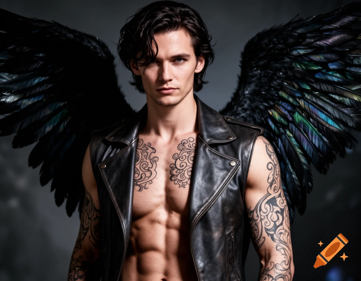 A dark-haired man with black feathered wings and chest tattoos, wearing an open leather vest, stares intensely.