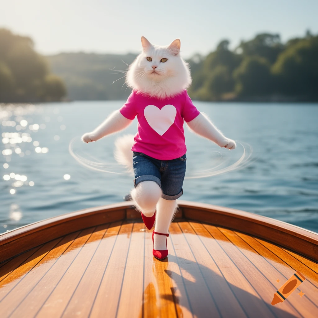 A white fluffy cat in a pink heart shirt, blue shorts, and red high heels dances on a wooden boat on a sunny lake.