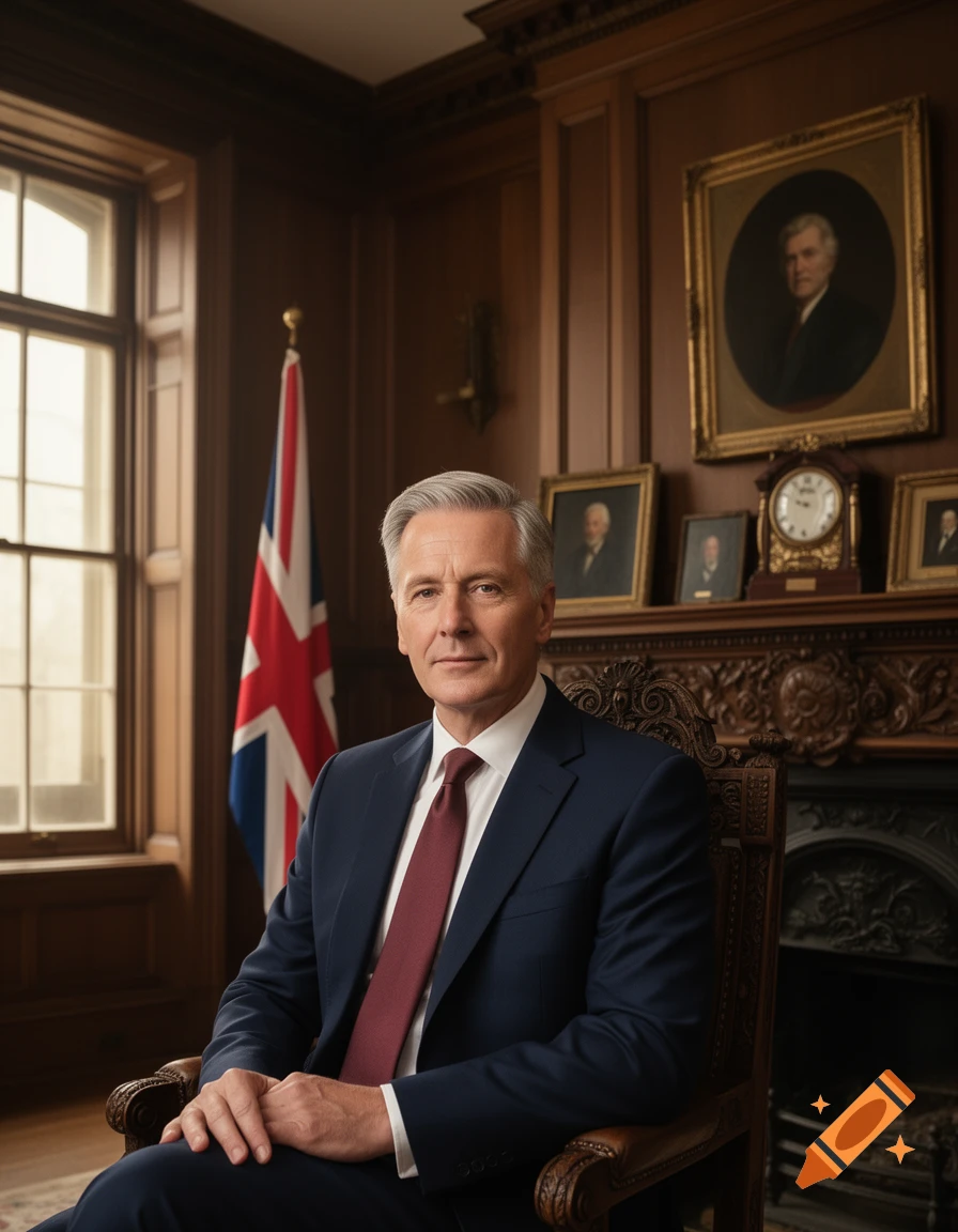 A serious-looking man with gray hair in a blue suit and red tie sits in a grand wood-paneled office with a Union Jack flag and portraits.