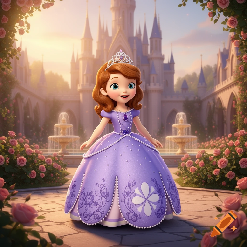 Animated Sofia the First princess in a purple dress and tiara, standing in a rose garden before a grand castle.