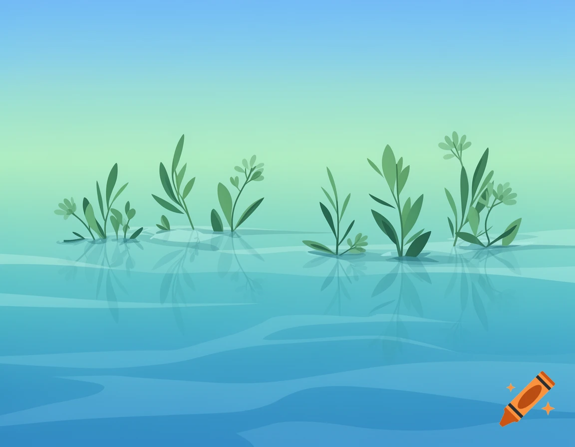 Stylized illustration of green water plants growing in blue water with reflections under a light blue and green gradient sky.