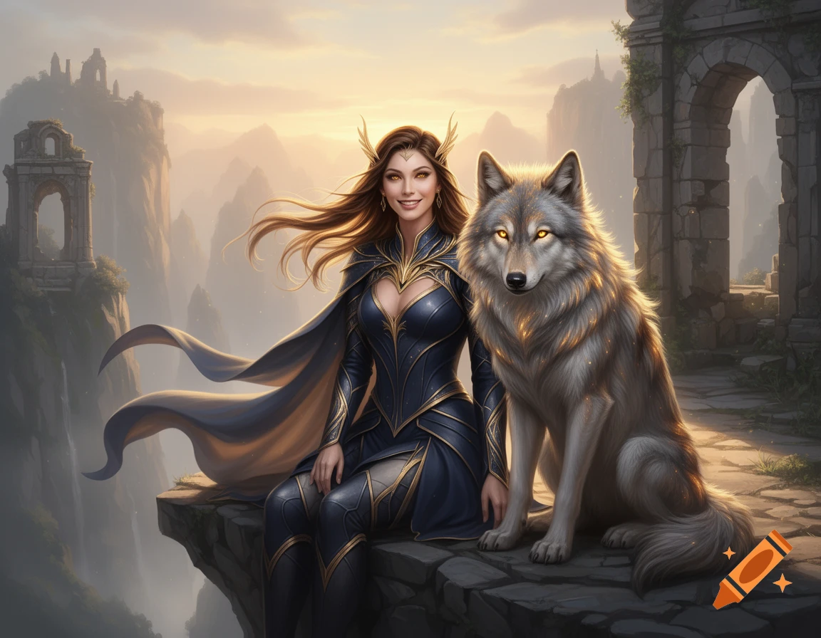 Smiling fantasy woman in navy and gold armor with flowing hair sits with a magical wolf on a sunlit stone ruin cliff.
