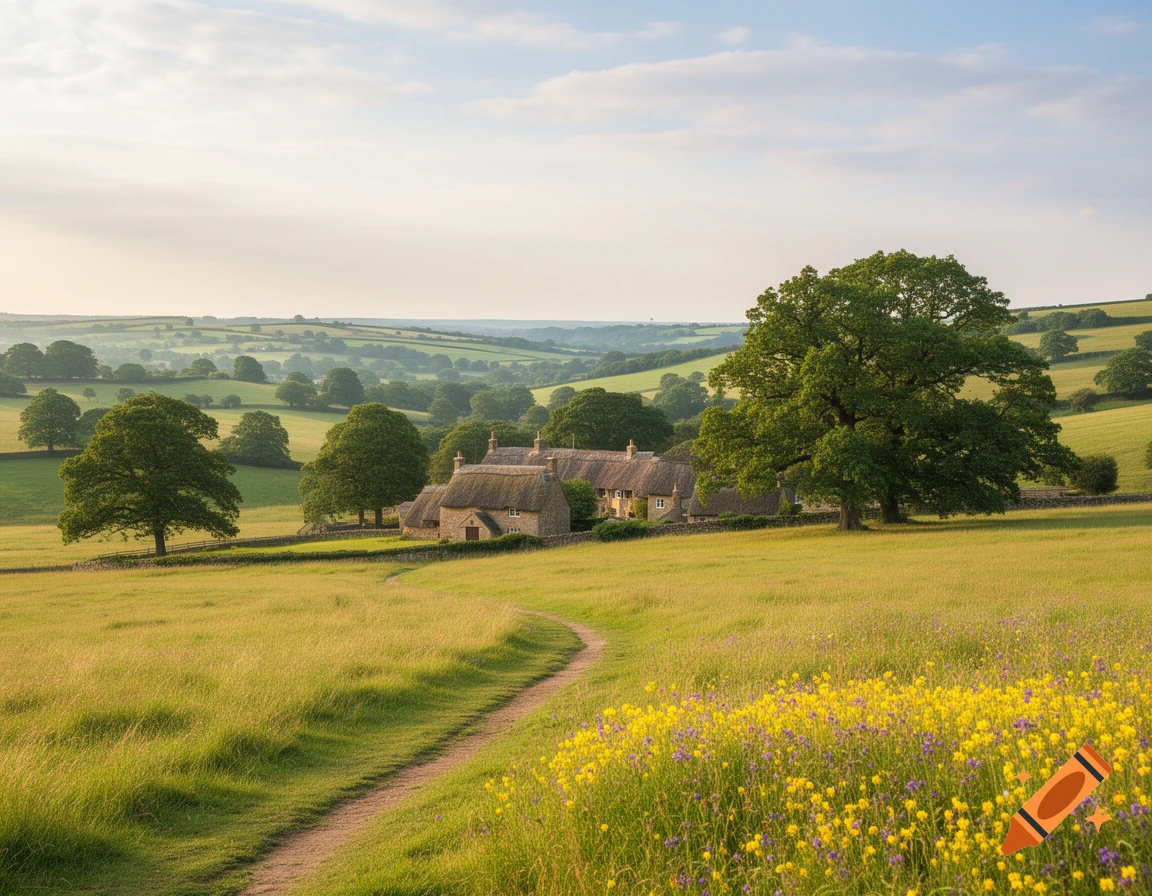 Photorealistic landscape of green rolling hills, a dirt path, wildflowers, and thatched-roof cottages under a bright sky.