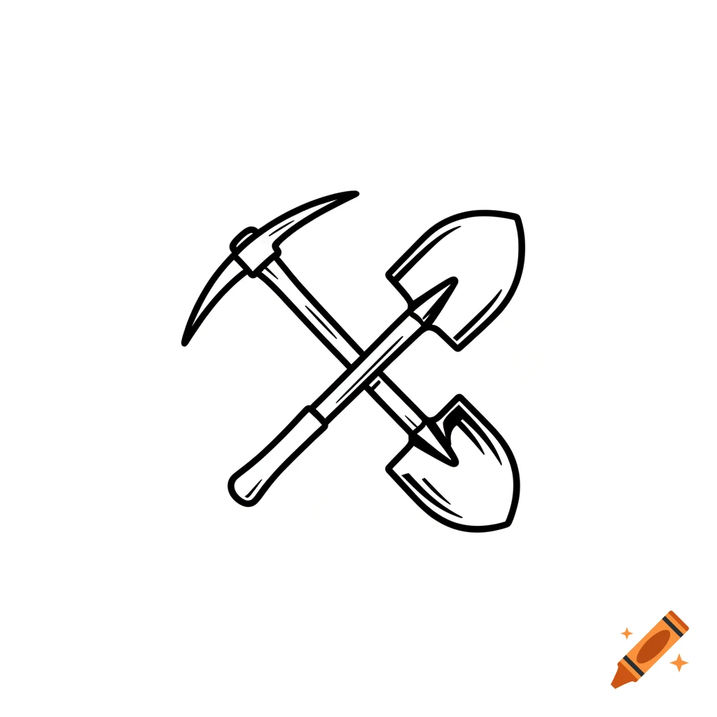 Black and white line art of a pickaxe and shovel crossed against a solid white background.