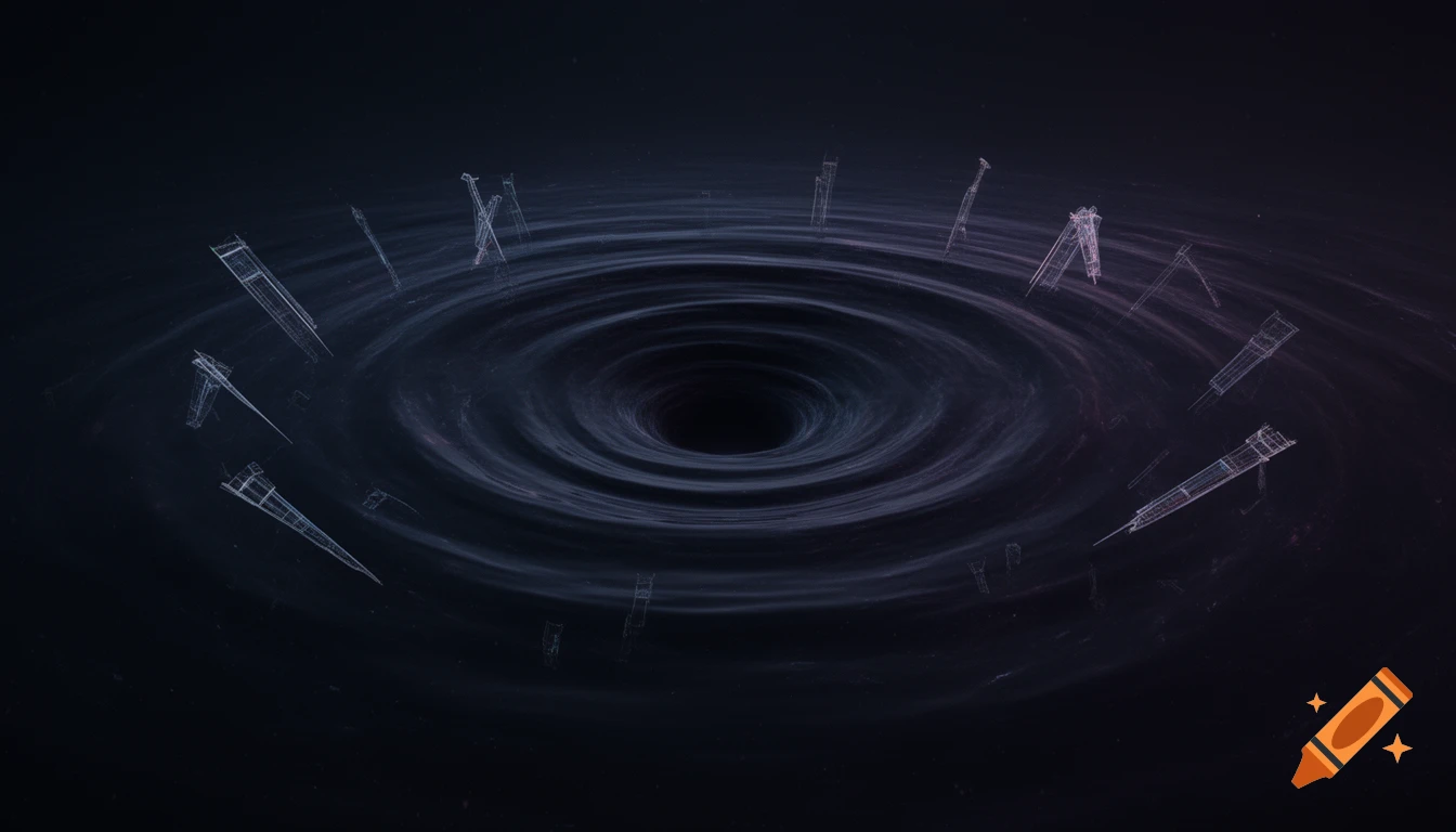 Dark, swirling cosmic void with faint, abstract white wireframe structures orbiting its center.