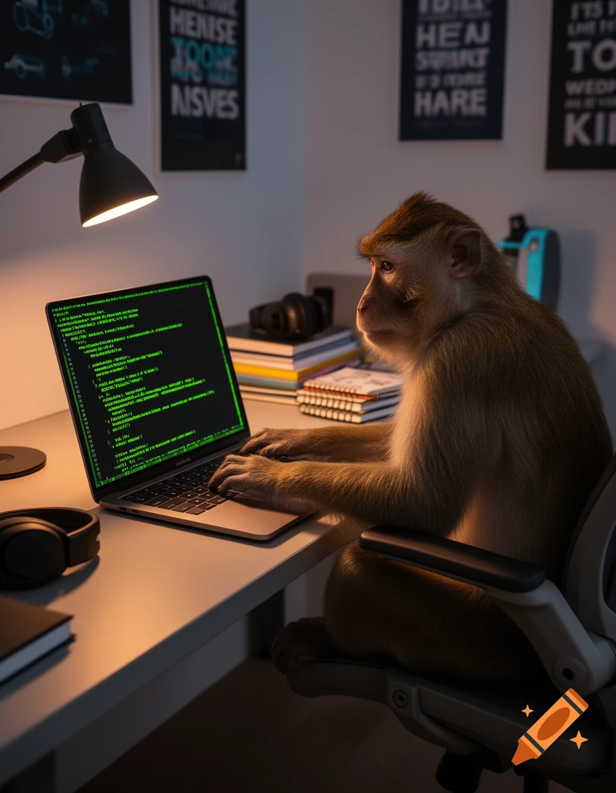 A photorealistic monkey sits at a desk, intently typing on a laptop with green code displayed on the screen, illuminated by a desk lamp.