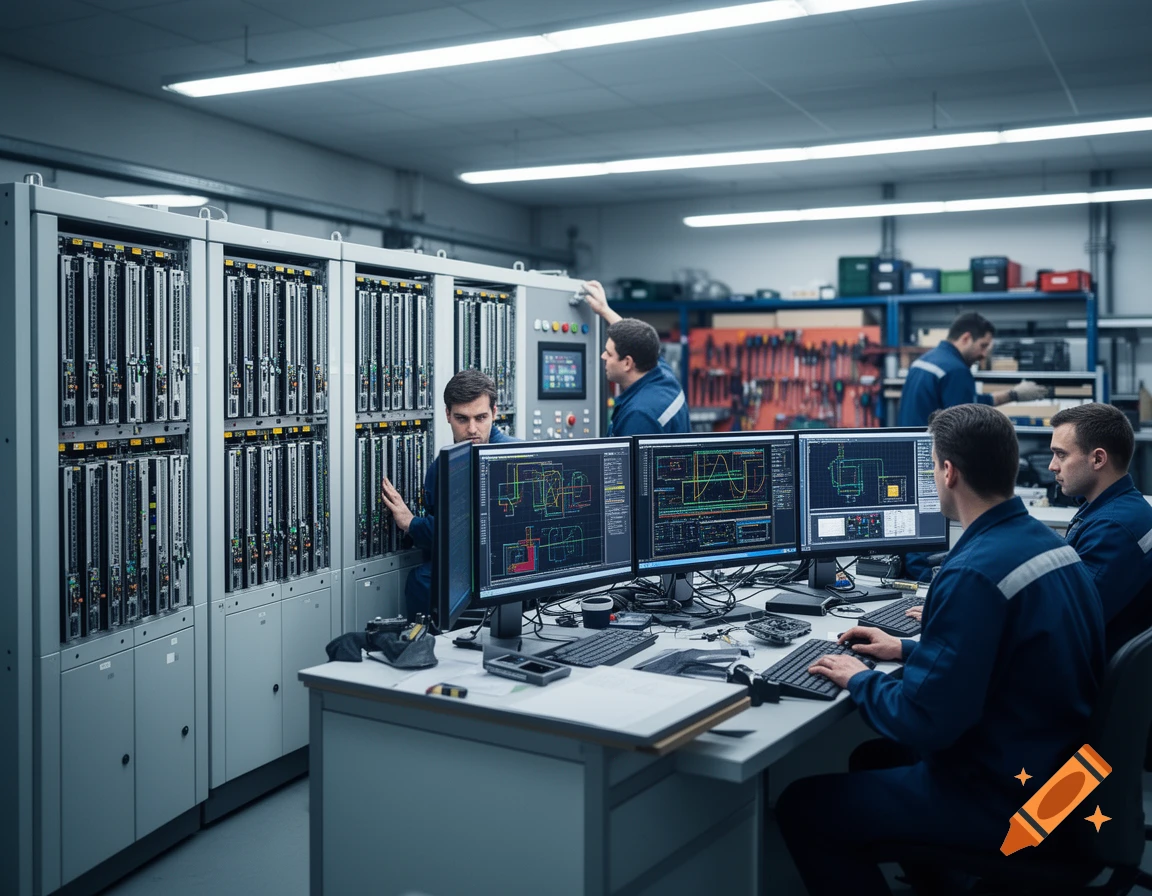 Engineers monitor multiple screens showing schematics and data, working in a control room surrounded by server racks in a photorealistic style.