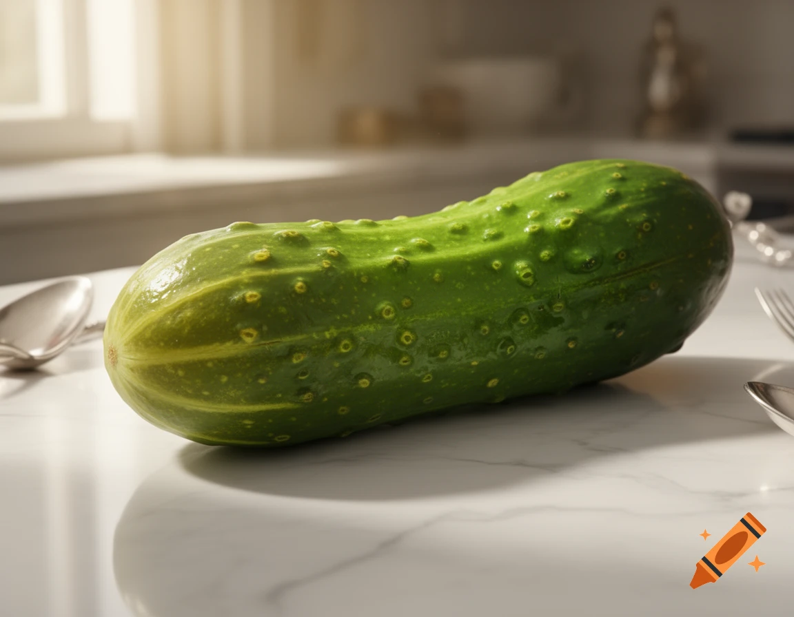 A bright green pickle with visible bumps lies on a white marble countertop in a sunlit kitchen.