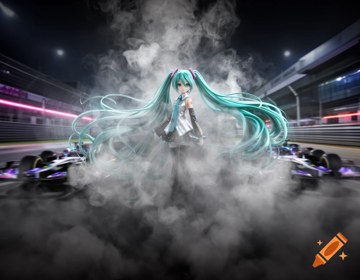 Hatsune Miku stands amidst thick tire smoke on a race track, with two blurry race cars speeding on either side.