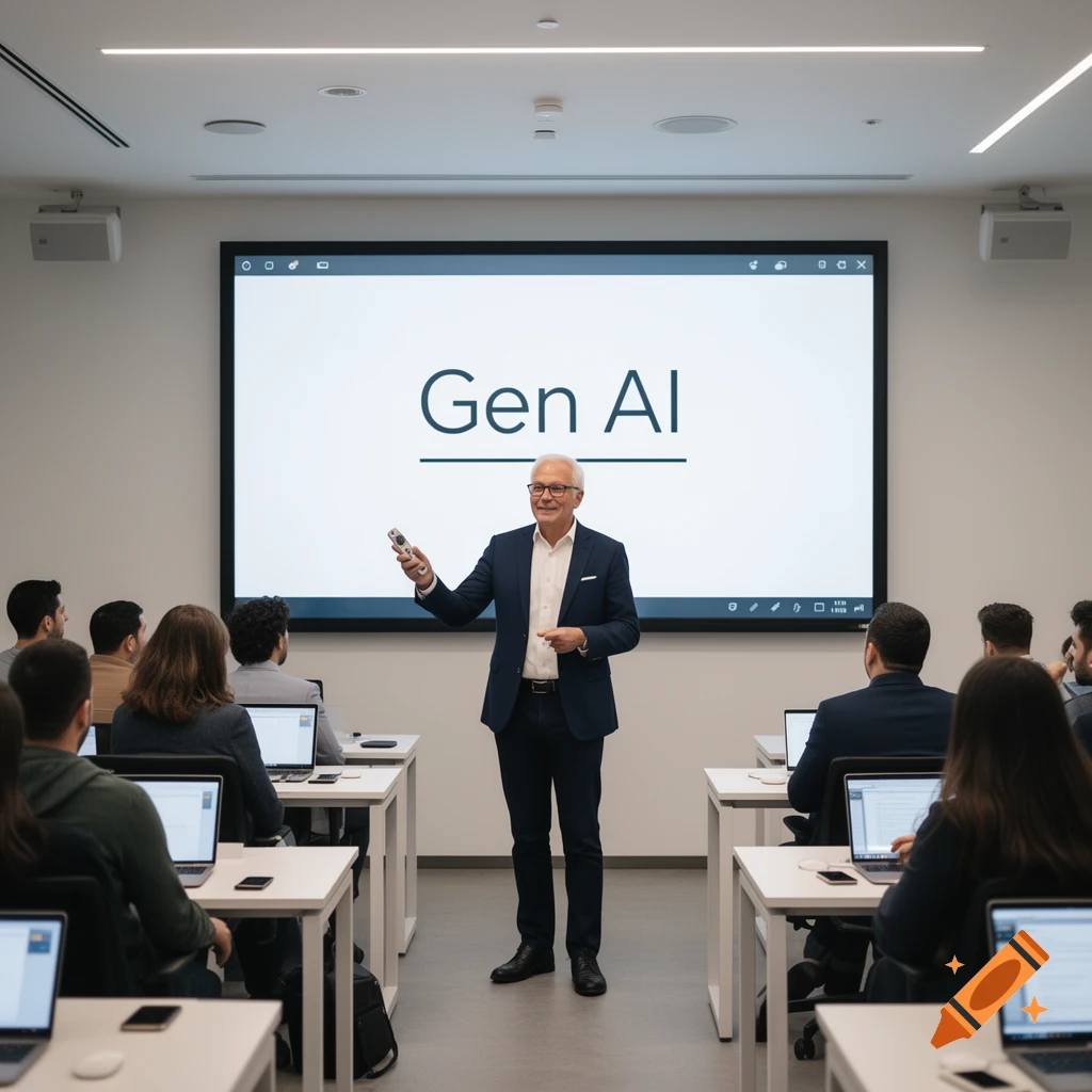 A professor presents 'Gen AI' on a large screen to students seated at desks with laptops in a modern classroom.