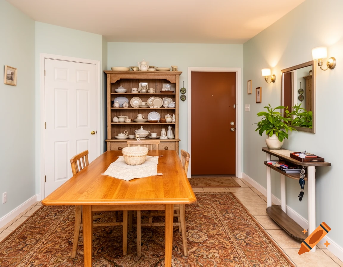 A dining room featuring a wooden table, a hutch with dishes, and an entryway with a console table and mirror.